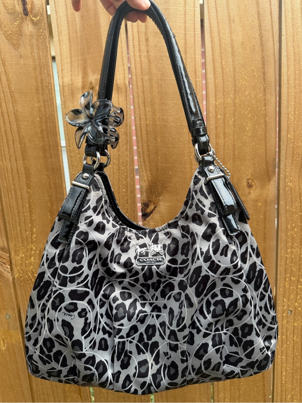 Coach Black and Gray Leopard-Print Shoulder Bag with Flower Charm